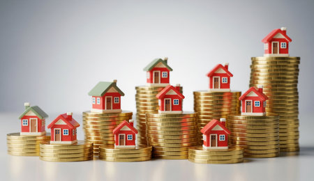 miniature houses are positioned atop stacks of gold coins, symbolizing real estate growth and financial investment.の写真素材