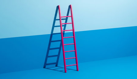 a vibrant pink ladder casts a shadow on a blue wall. the image is minimal, clean, and modern in its aesthetic.の写真素材