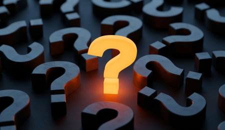 a glowing question mark stands out amongst many others in a dark scene, creating a sense of mystery...