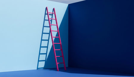 a pink ladder leans against a blue wall in the corner of a room, creating a modern and minimalist aesthetic sceneの写真素材