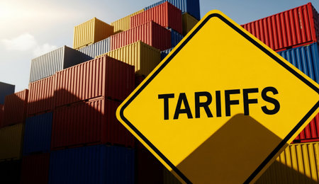 a yellow tariffs sign is positioned in front of stacked shipping containers under a bright sky backdrop.の写真素材