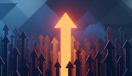 A vibrant orange arrow stands out among many dark arrows, symbolizing growth and success in a dark background.の写真素材