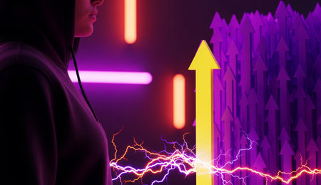a hooded figure stands amidst neon lights, arrows, and lightning, symbolizing growth and forward...