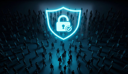 a crowd stands under a glowing blue shield with a padlock and check mark, representing security and protection.の写真素材