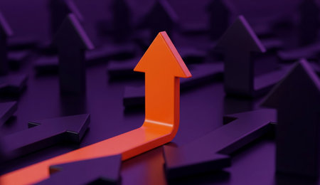 an orange arrow points up among darker arrows, symbolizing growth, success, and a forward moving direction.の写真素材