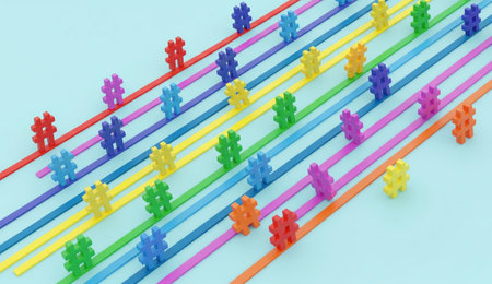a vibrant display of colorful hashtags arranged on rainbow lines, set against a serene light blue...