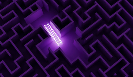 a ladder glows in a purple maze, symbolizing solutions, challenges, and the path to success in a complex worldの写真素材