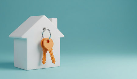 A white house model with orange keys hanging on a blue background, representing real estate and new home ownership.の写真素材