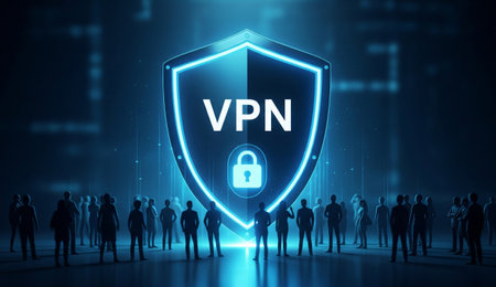 a glowing blue vpn shield with a padlock in front of a crowd of people in a dark blue abstract background designの写真素材