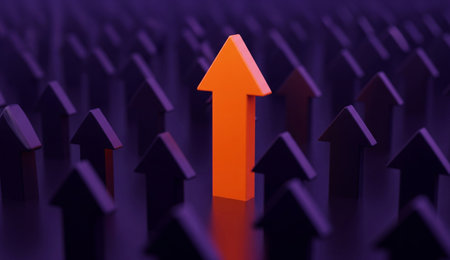 a striking image shows an orange arrow among purple arrows, symbolizing growth, success, and a unique direction.の写真素材