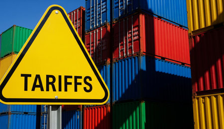 a yellow tariffs sign stands before colorful stacked shipping containers, symbolizing global trade and economic policyの写真素材