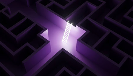 a glowing ladder in the center of a dark purple maze, symbolizing a path to success and overcoming challengesの写真素材