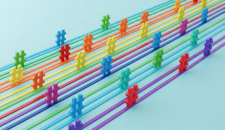 a vibrant image featuring colorful hashtags aligned on rainbow lines, set against a soft light blue...