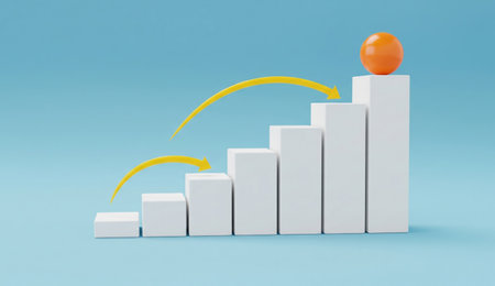 an orange sphere sits atop white blocks with yellow arrows, set against a serene blue background,...