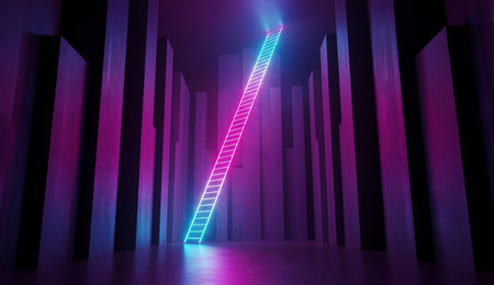 a neon ladder ascends between columns in a space illuminated with purple and blue, creating a futuristic atmosphereの写真素材