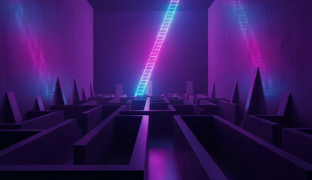 a neon ladder rises above a dark maze, illuminated by purple and blue lights, creating an abstract and futuristic sceneの写真素材
