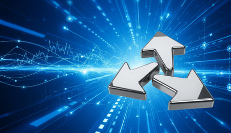 three metallic arrows on a blue digital background, representing technology and data flow in a modern design.の写真素材