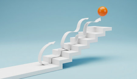 a conceptual image showing an orange sphere above white stairs with arrows on a light blue colored backdrop.の写真素材