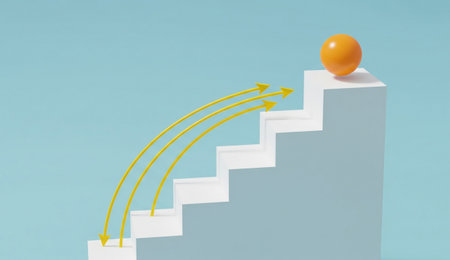 a minimalist image showing an orange sphere atop white stairs with yellow arrows against a blue background, concept designの写真素材