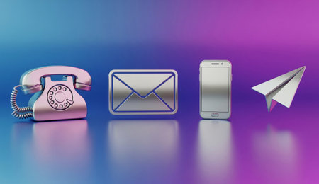 a phone, an envelope, a smartphone and a paper airplane are on a blue and purple gradient reflective surface.の写真素材