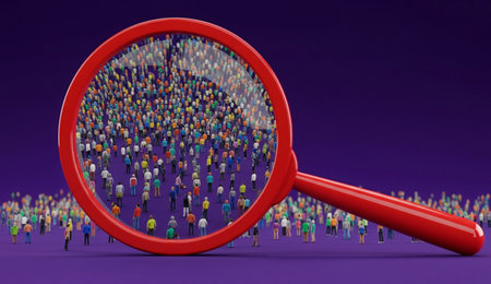 a large red magnifying glass shows a crowd of people, set against a purple background, focusing on group analysis.の写真素材