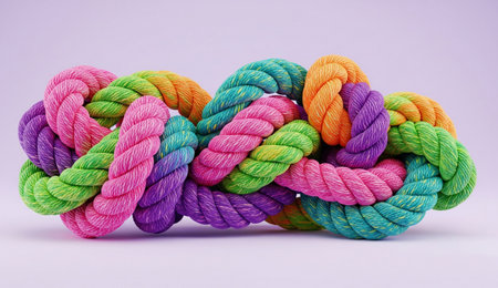 a close up shot of a knotted and twisted colorful rope against a light purple background, showing its texture and detailの写真素材