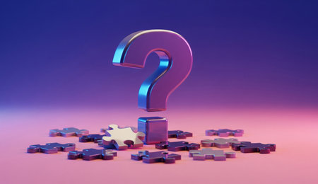 a metallic question mark hovering over puzzle pieces on a pink and purple gradient background surface in a bright sceneの写真素材