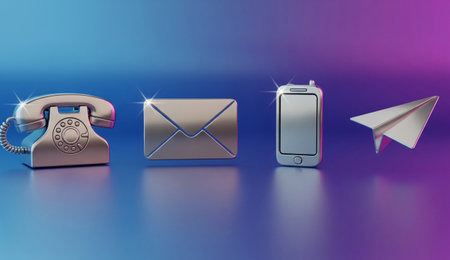 a shiny set of communication icons including a phone, envelope, smartphone, and paper airplane on a gradient backgroundの写真素材