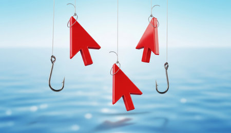 three red cursors hang from fishing hooks above water, a concept for online phishing and internet security risks.の写真素材