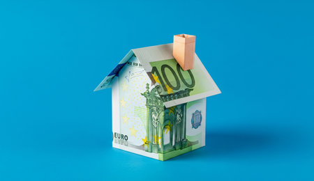 a house made of euro banknotes on a blue background representing financial security and real estate investmentの写真素材