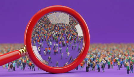 a red magnifying glass is focused on a crowd of miniature people standing on a flat purple colored surface area.の写真素材