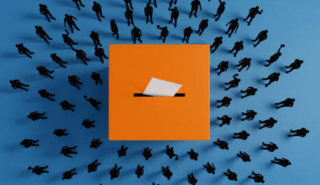 an aerial shot shows people surrounding an orange ballot box with a white paper ballot on a blue background.の写真素材