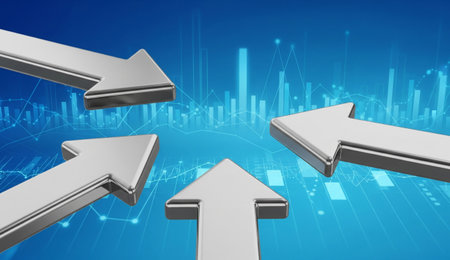 four silver arrows converge on a blue background with financial data charts, symbolizing growth and forward directionの写真素材
