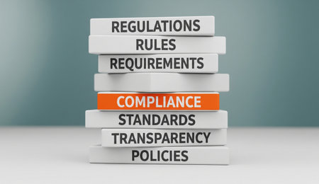 a stack of blocks with compliance in orange and other words like regulations rules and policies in white color blocksの写真素材