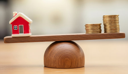 A house model and coins on a balance scale, symbolizing real estate value and financial investment decisions.の写真素材