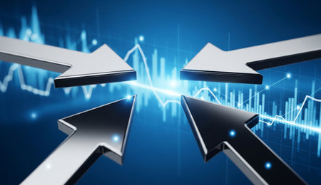arrows converge on a graph, symbolizing market trends and financial analysis on a blue technological...