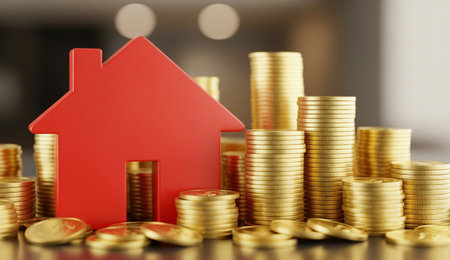 a red house model is surrounded by stacks of gold coins, symbolizing real estate investment and financial securityの写真素材