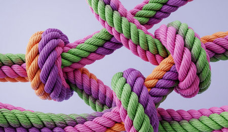 a close up shot of knotted, colorful ropes creating an abstract design with pink, purple, green and...