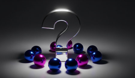 a reflective question mark stands amidst blue and pink spheres on a shiny surface, creating a mysterious and abstract sceneの写真素材