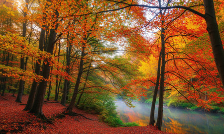 A breathtaking autumn scene showcasing a river reflecting vibrant foliage. The forest is alive with...