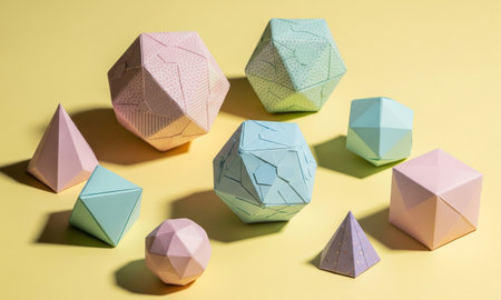 A collection of pastel geometric shapes are arranged on a yellow surface. The composition is modern...