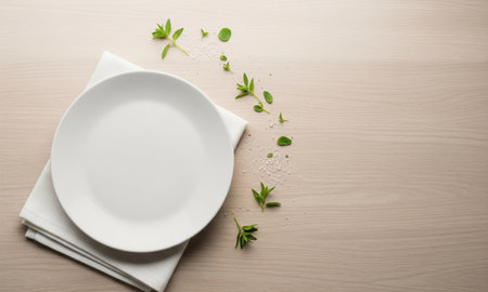 A clean white plate rests on a folded napkin, accented by scattered fresh herbs and grains of salt,...