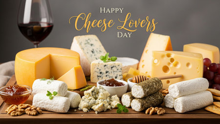 A gourmet cheese board with a variety of cheeses, wine, nuts, and jam. Perfect for a party or a special occasion. Food photography style image.の写真素材
