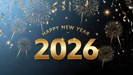 Celebrate new year 2026 with this festive background! Features golden fireworks, confetti, and a...