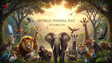 a vibrant illustration celebrating world animal day on october fourth, showcasing diverse wildlife in a lush natural environment. Celebrate animals!の写真素材