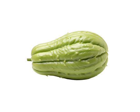 a single fresh green chayote squash on a white background, close up view.の写真素材