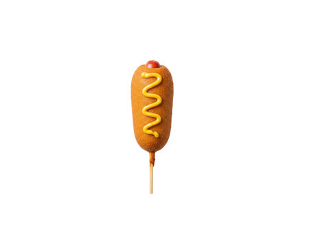 a corndog on a stick with mustard and ketchup on a white background isolated