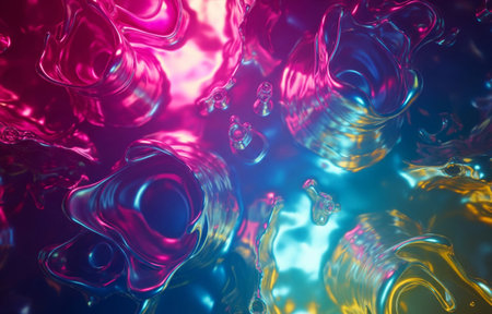 an abstract liquid background with vibrant colors pink blue and gold tonesの写真素材