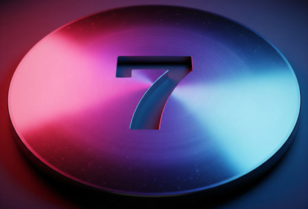 a shiny metallic disc with the number seven cut out and colorful lighting effectsの写真素材