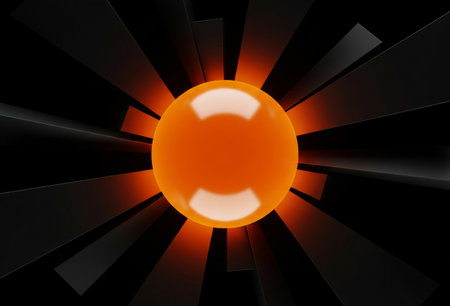 a striking image of an orange sphere with black shapes radiating outwards in the darkの写真素材